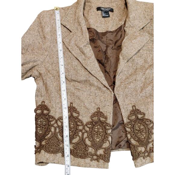 Karen Kane Lifestyle Wool Silk Crop Blazer Embroidered Lace Trim Brown Womens 6 - Picture 6 of 7